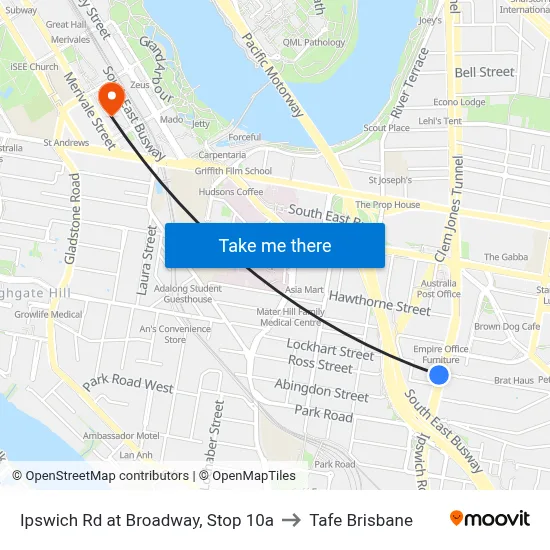 Ipswich Rd at Broadway, Stop 10a to Tafe Brisbane map
