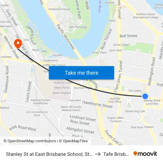 Stanley St at East Brisbane School, Stop 10 to Tafe Brisbane map