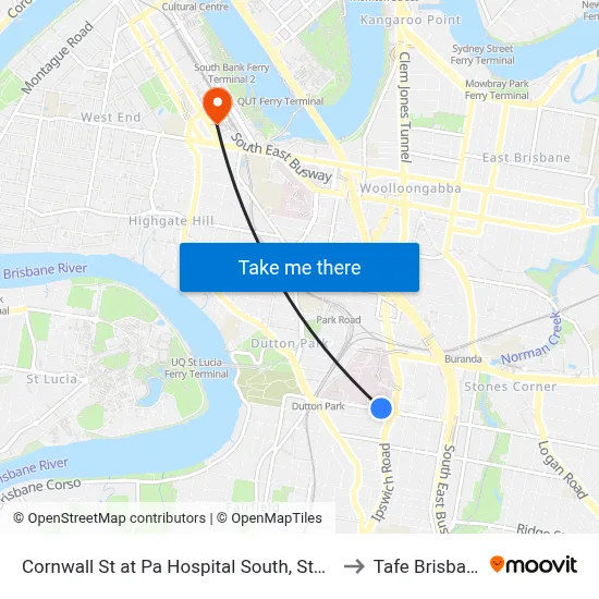 Cornwall St at Pa Hospital South, Stop 1 to Tafe Brisbane map