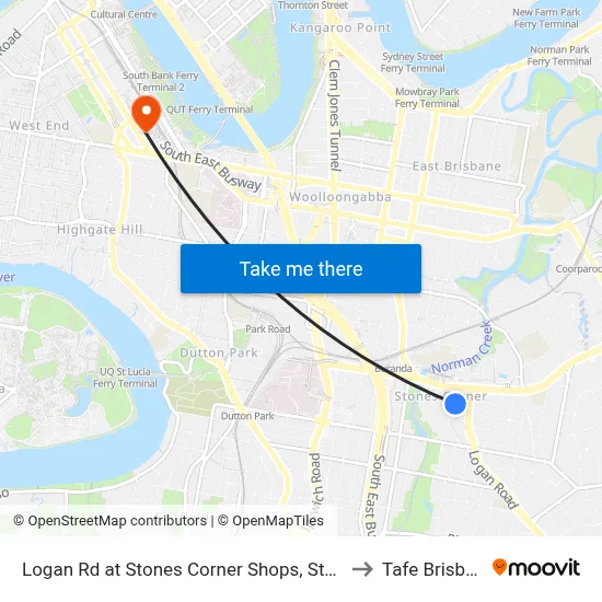 Logan Rd at Stones Corner Shops, Stop 17a to Tafe Brisbane map