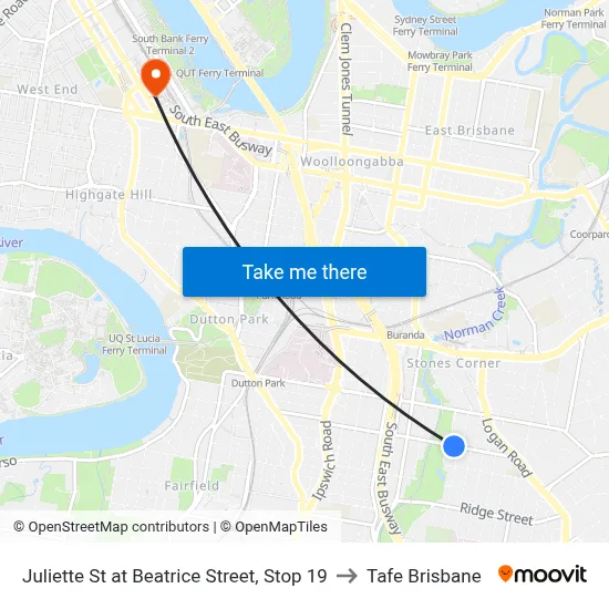 Juliette St at Beatrice Street, Stop 19 to Tafe Brisbane map