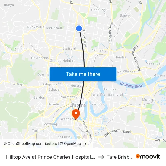 Hilltop Ave at Prince Charles Hospital, Stop 35 to Tafe Brisbane map