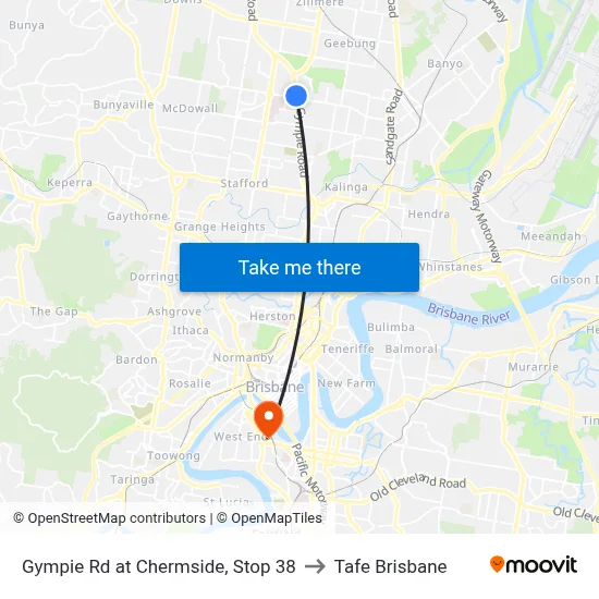 Gympie Rd at Chermside, Stop 38 to Tafe Brisbane map