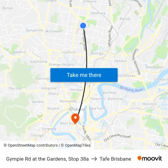 Gympie Rd at the Gardens, Stop 38a to Tafe Brisbane map