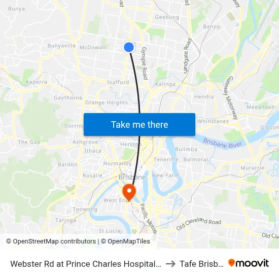 Webster Rd at Prince Charles Hospital, Stop 38 to Tafe Brisbane map