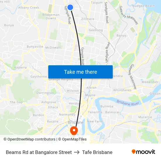 Beams Rd at Bangalore Street to Tafe Brisbane map