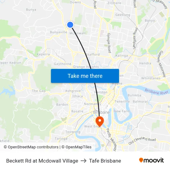 Beckett Rd at Mcdowall Village to Tafe Brisbane map