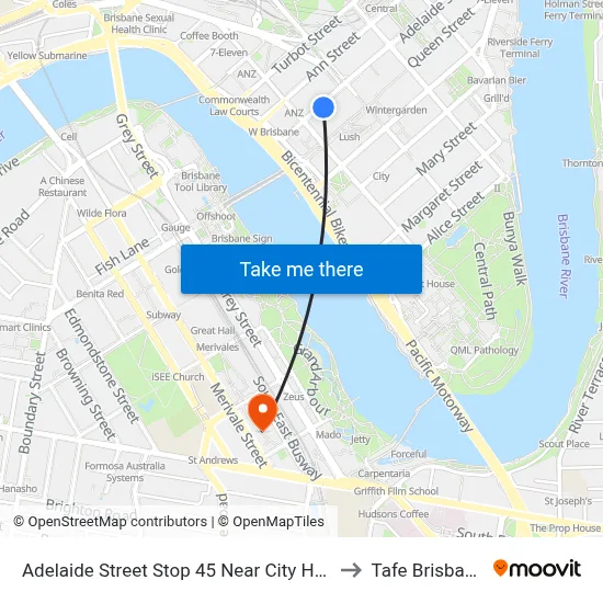 Adelaide Street Stop 45 Near City Hall to Tafe Brisbane map