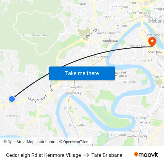 Cedarleigh Rd at Kenmore Village to Tafe Brisbane map