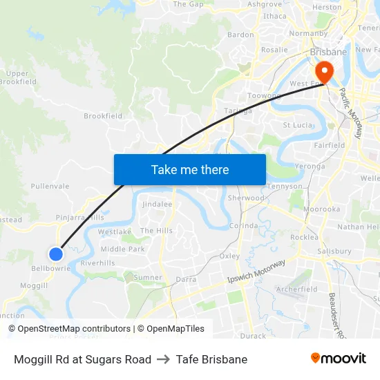 Moggill Rd at Sugars Road to Tafe Brisbane map