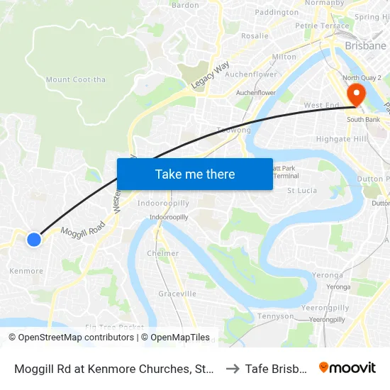Moggill Rd at Kenmore Churches, Stop 35 to Tafe Brisbane map