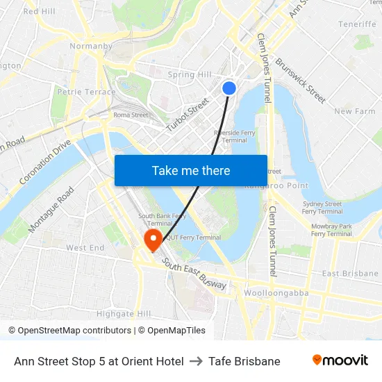 Ann Street Stop 5 at Orient Hotel to Tafe Brisbane map