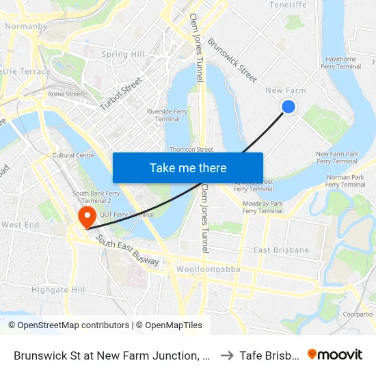 Brunswick St at New Farm Junction, Stop 14 to Tafe Brisbane map