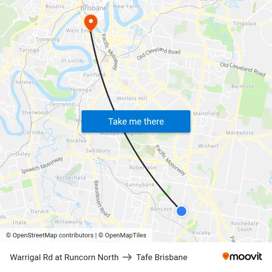 Warrigal Rd at Runcorn North to Tafe Brisbane map