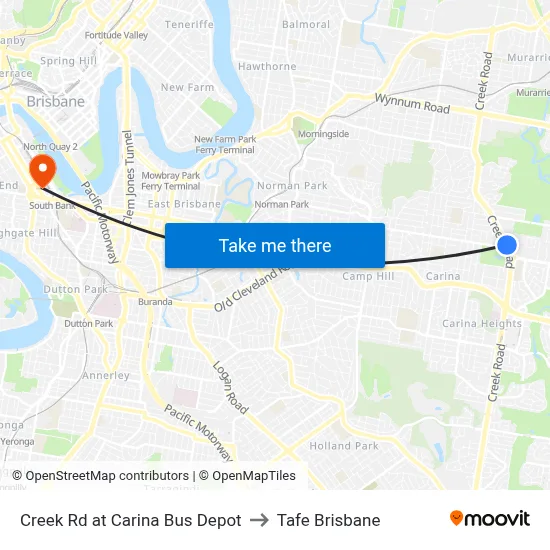 Creek Rd at Carina Bus Depot to Tafe Brisbane map
