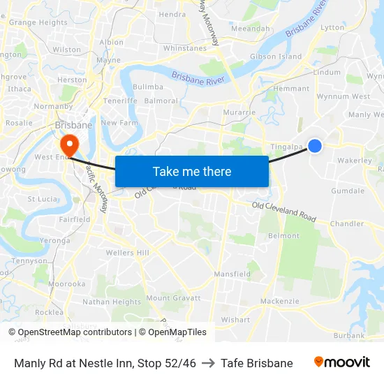 Manly Rd at Nestle Inn, Stop 52/46 to Tafe Brisbane map