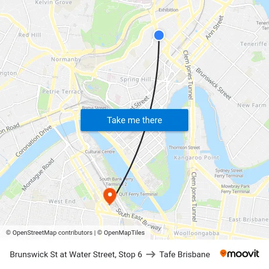 Brunswick St at Water Street, Stop 6 to Tafe Brisbane map