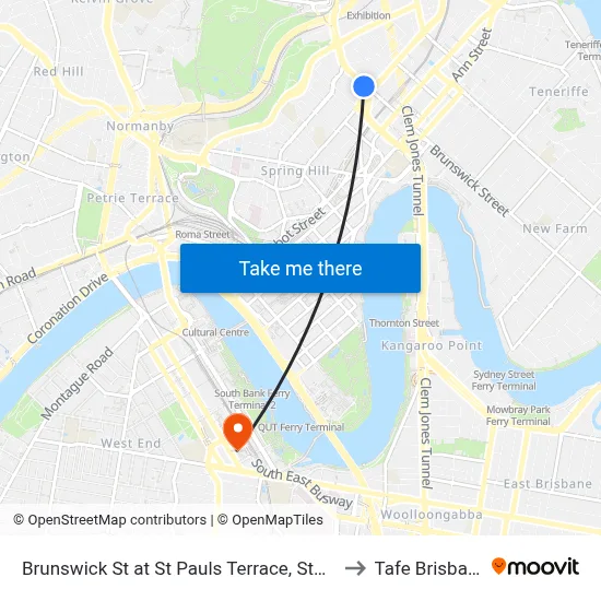 Brunswick St at St Pauls Terrace, Stop 5 to Tafe Brisbane map
