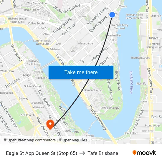 Eagle St App Queen St (Stop 65) to Tafe Brisbane map