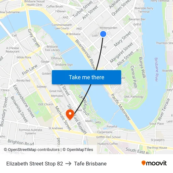 Elizabeth Street Stop 82 to Tafe Brisbane map