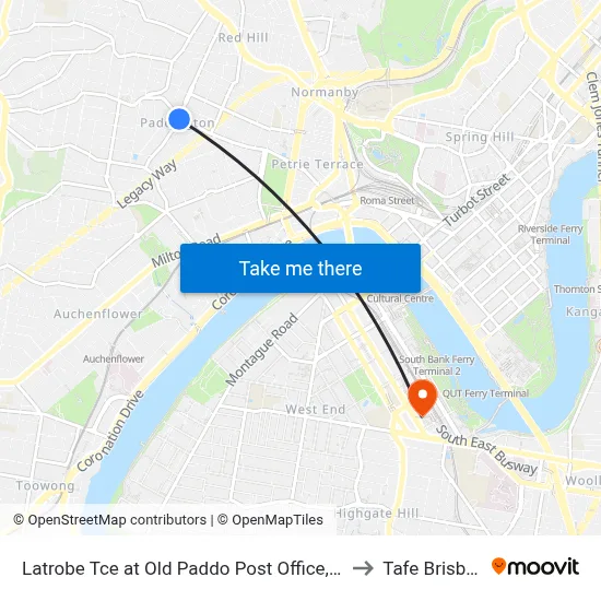Latrobe Tce at Old Paddo Post Office, Stop 8 to Tafe Brisbane map