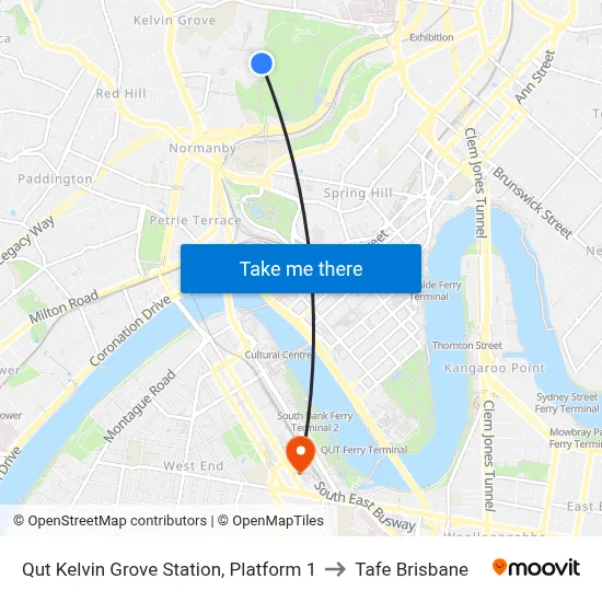 Qut Kelvin Grove Station, Platform 1 to Tafe Brisbane map