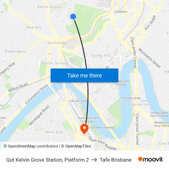 Qut Kelvin Grove Station, Platform 2 to Tafe Brisbane map