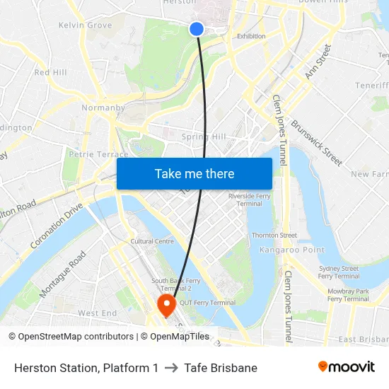 Herston Station, Platform 1 to Tafe Brisbane map
