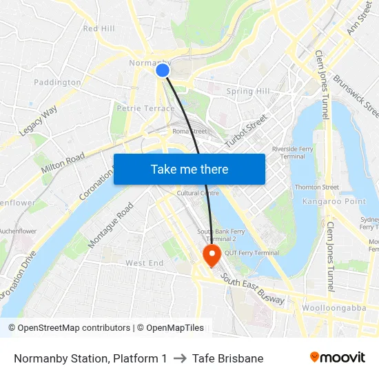 Normanby Station, Platform 1 to Tafe Brisbane map