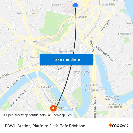 RBWH Station, Platform 2 to Tafe Brisbane map