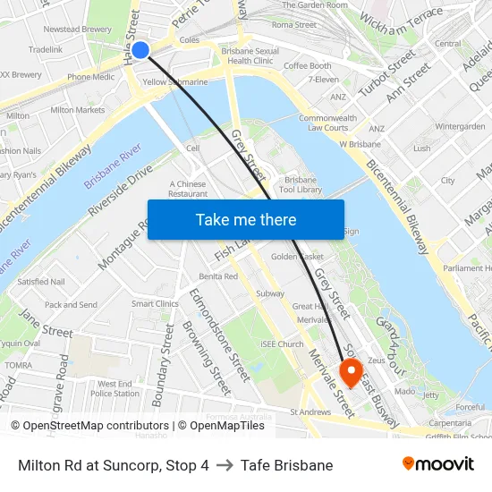 Milton Rd at Suncorp, Stop 4 to Tafe Brisbane map