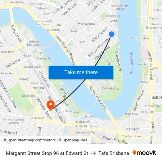 Margaret Street Stop 96 at Edward St to Tafe Brisbane map