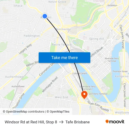 Windsor Rd at Red Hill, Stop 8 to Tafe Brisbane map