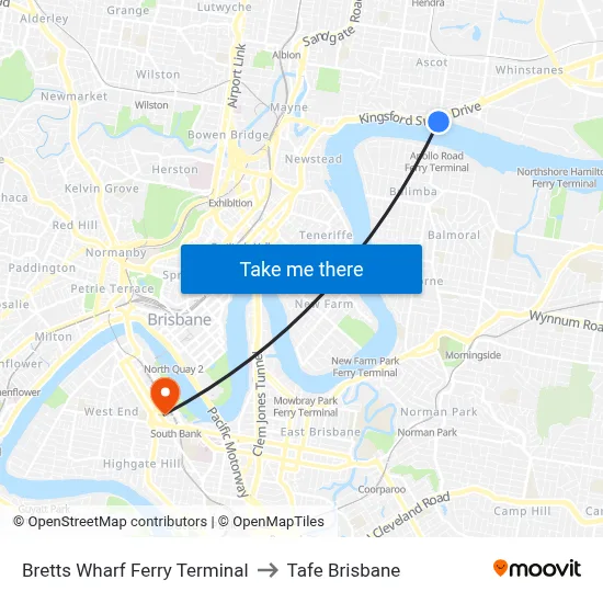 Bretts Wharf Ferry Terminal to Tafe Brisbane map