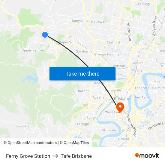 Ferny Grove Station to Tafe Brisbane map