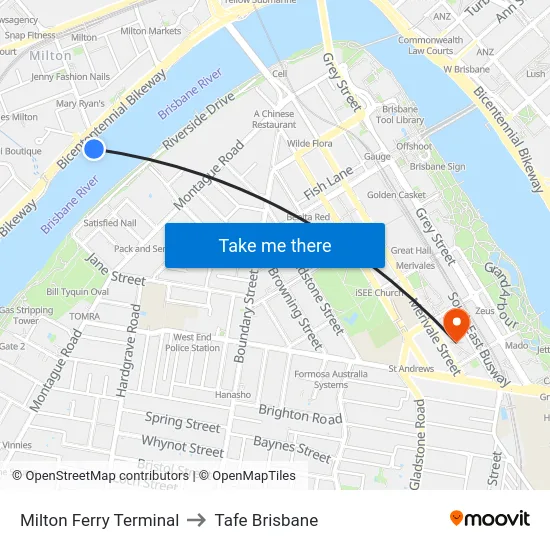Milton Ferry Terminal to Tafe Brisbane map