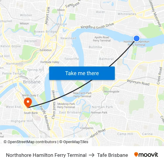 Northshore Hamilton Ferry Terminal to Tafe Brisbane map
