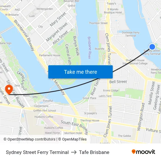 Sydney Street Ferry Terminal to Tafe Brisbane map