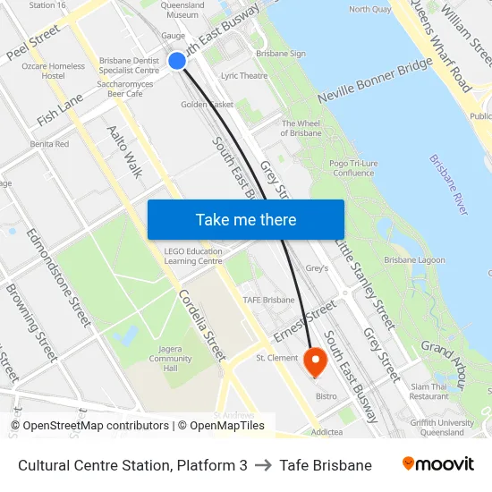 Cultural Centre Station, Platform 3 to Tafe Brisbane map