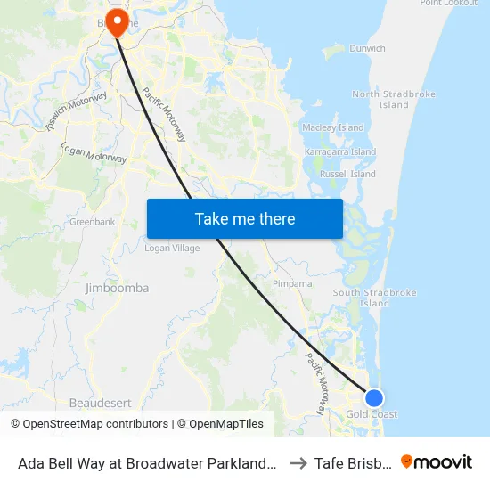 Ada Bell Way at Broadwater Parklands Station to Tafe Brisbane map