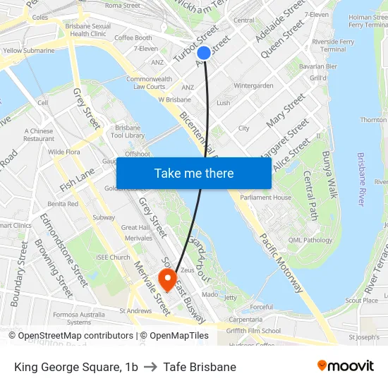 King George Square, 1b to Tafe Brisbane map