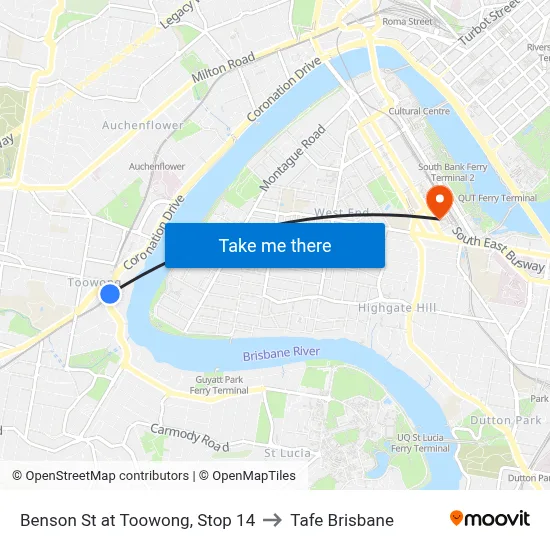 Benson St at Toowong, Stop 14 to Tafe Brisbane map