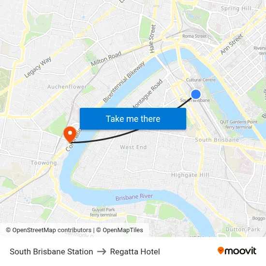 South Brisbane Station to Regatta Hotel map