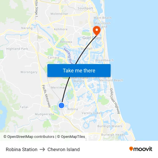 Robina Station to Chevron Island map