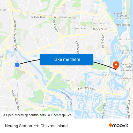 Nerang Station to Chevron Island map