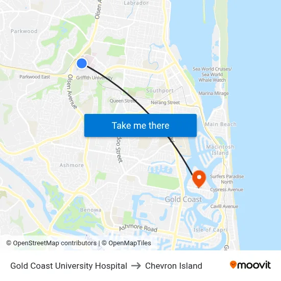 Gold Coast University Hospital to Chevron Island map