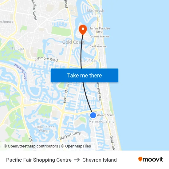Pacific Fair Shopping Centre to Chevron Island map