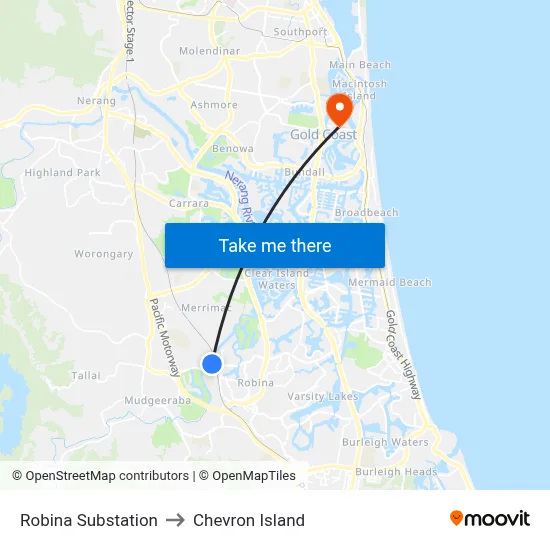 Robina Substation to Chevron Island map