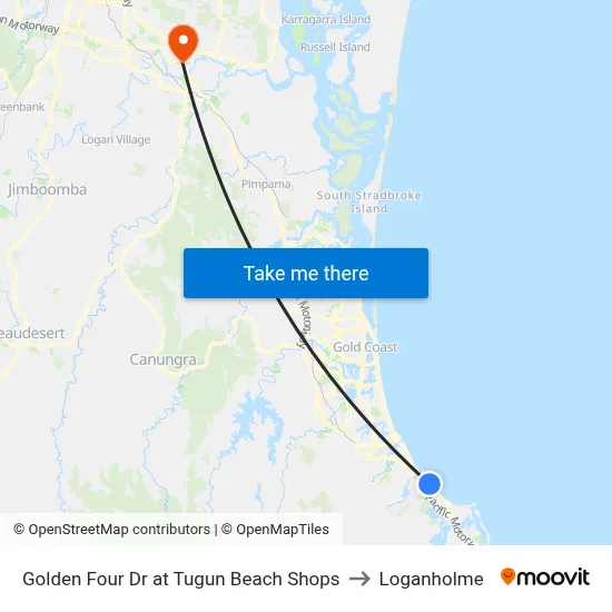 Golden Four Dr at Tugun Beach Shops to Loganholme map