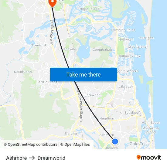 Ashmore to Dreamworld map